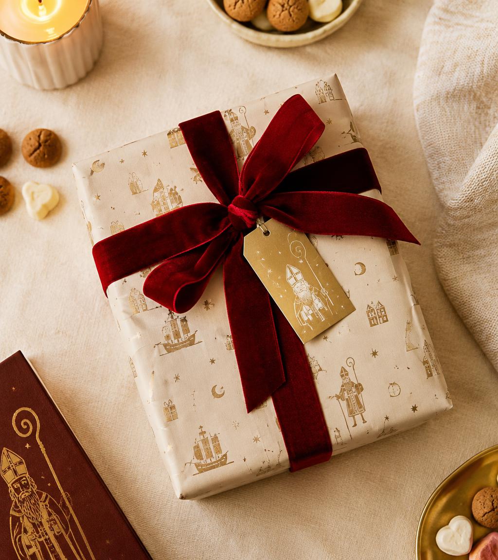 Ingepakt Sinterklaascadeau met rode strik en gouden label